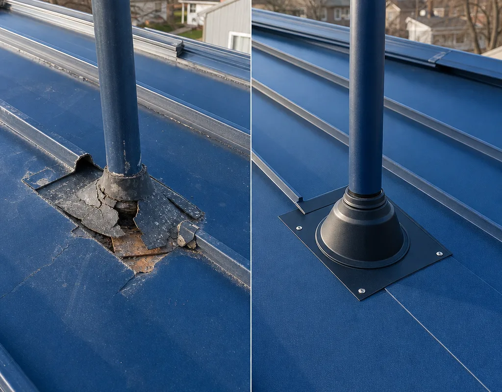 Before and after view of damaged shingles around a pipe boot and a properly replaced boot with matching roofing material