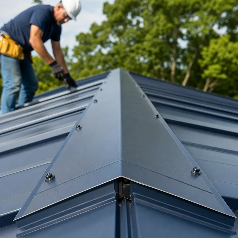 Clean ridge cap and ridge vent detail with straight lines and consistent fastening at the roof peak