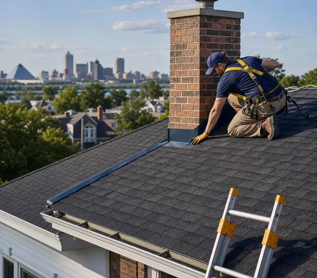 Roofer checking shingle condition and chimney flashing on a Memphis residential roof with a safe ladder setup