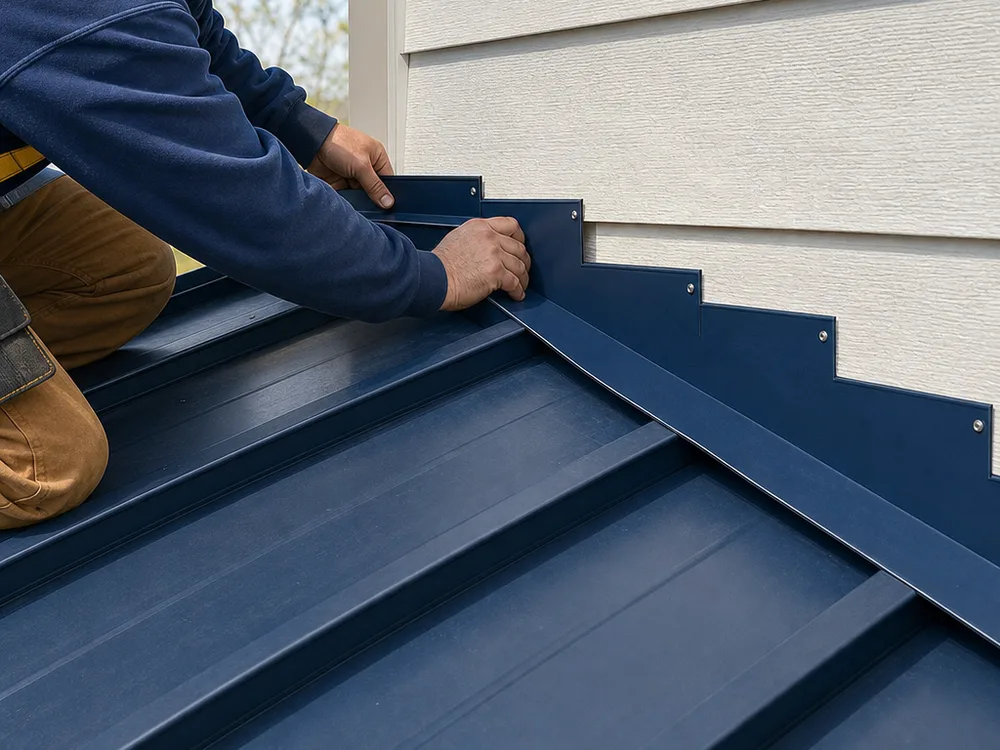 Proper step flashing and counterflashing at a roof-to-wall intersection with clean lines and correctly sealed fasteners