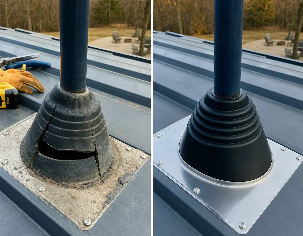 Before-and-after view of cracked plumbing vent boot flashing replaced and correctly sealed