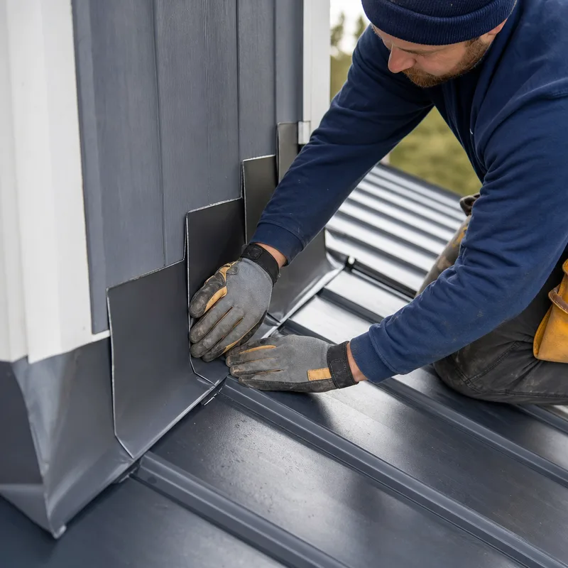 Properly installed step flashing integrated with roofing material at a vertical sidewall
