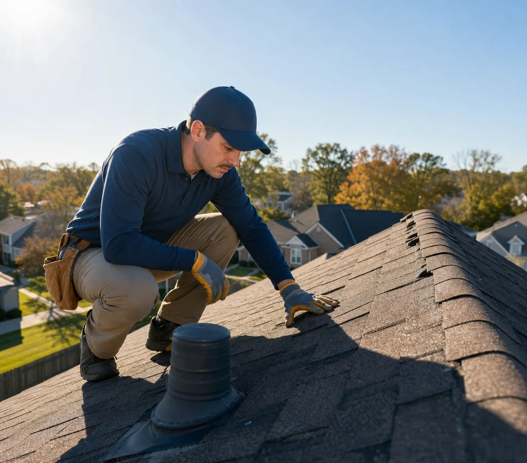 Memphis roofing crew inspecting shingle condition around a roof vent and ridge line
