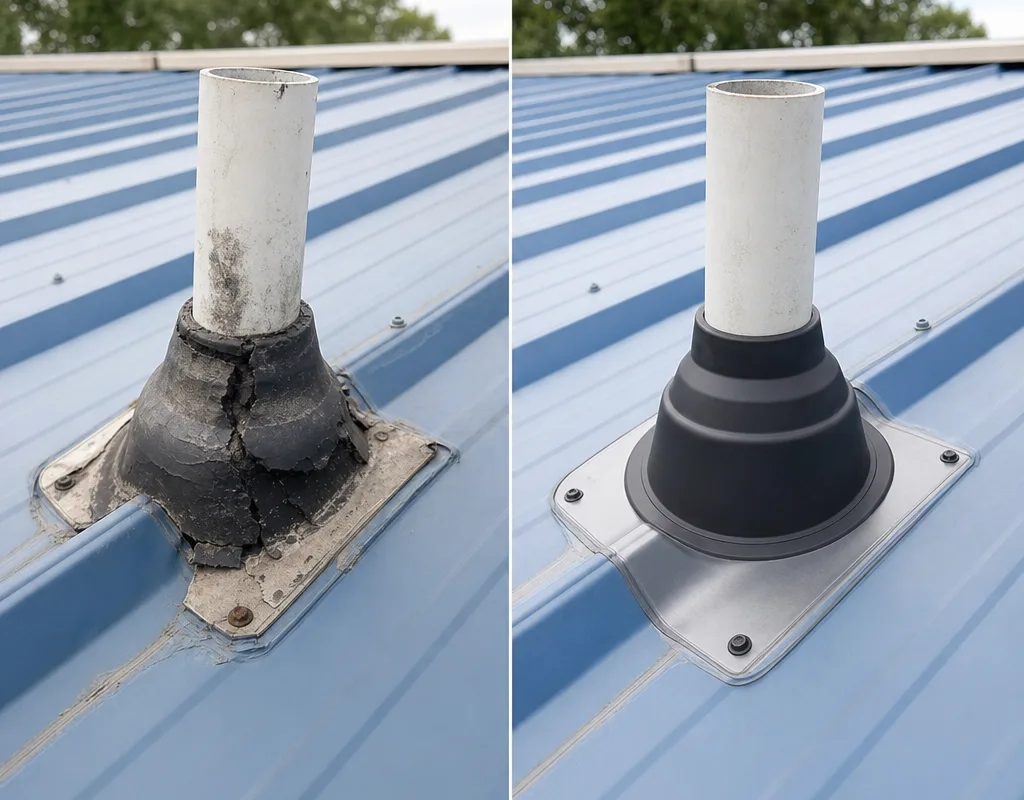 Before-and-after comparison of a deteriorated pipe boot replaced and properly flashed with a clean seal