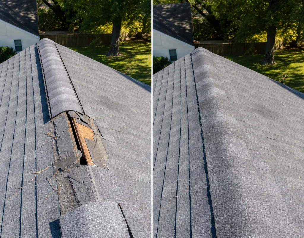 Before-and-after comparison of missing shingles near a roof ridge repaired with matching shingles and a resealed ridge cap
