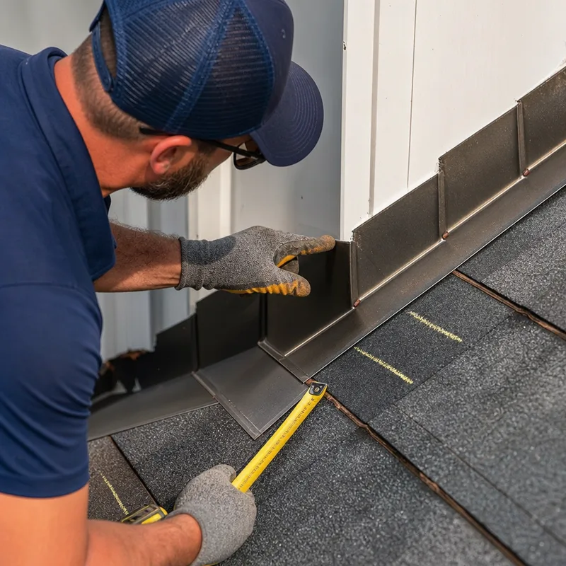 Close-up assessment of step flashing at a shingle-to-wall transition with chalk marks and a measuring tape