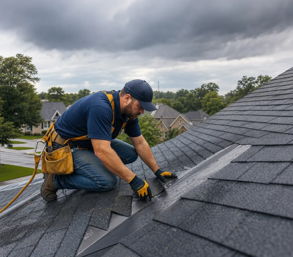 Roofer repairing a residential roof leak near a shingle valley in Memphis with a safety harness visible after a storm