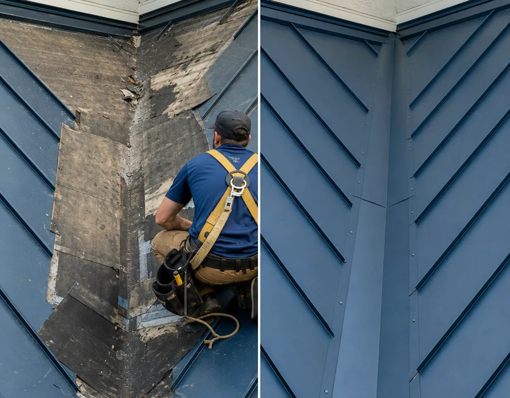 Before and after view of a worn patched valley replaced with new underlayment and properly installed valley metal