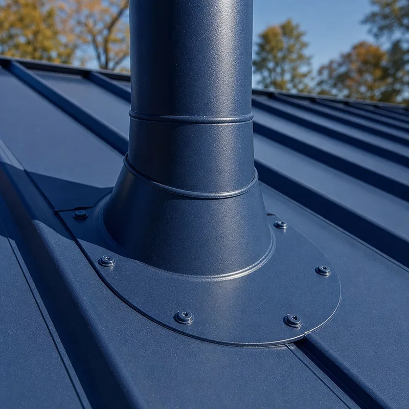 Tight, well-sealed pipe boot and counterflashing at a roof penetration with clean fastener lines and no exposed gaps