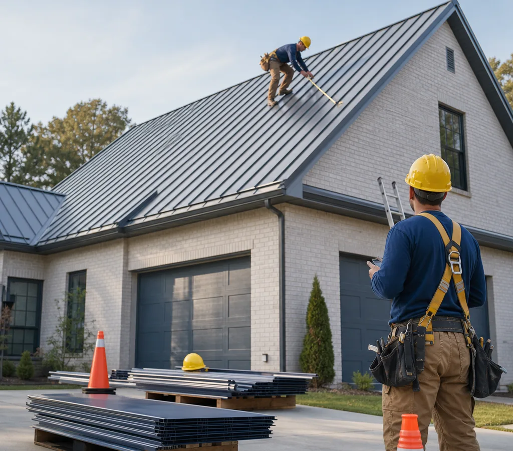 Memphis roofing crew inspecting and measuring a residential roof with safety gear and clean ground staging