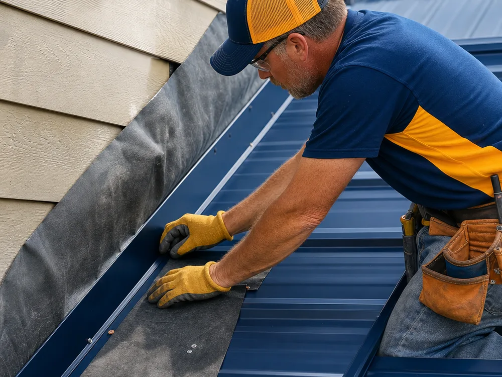 Roofer installing flashing and underlayment at a roof valley and wall transition with correct layering and fastener placement