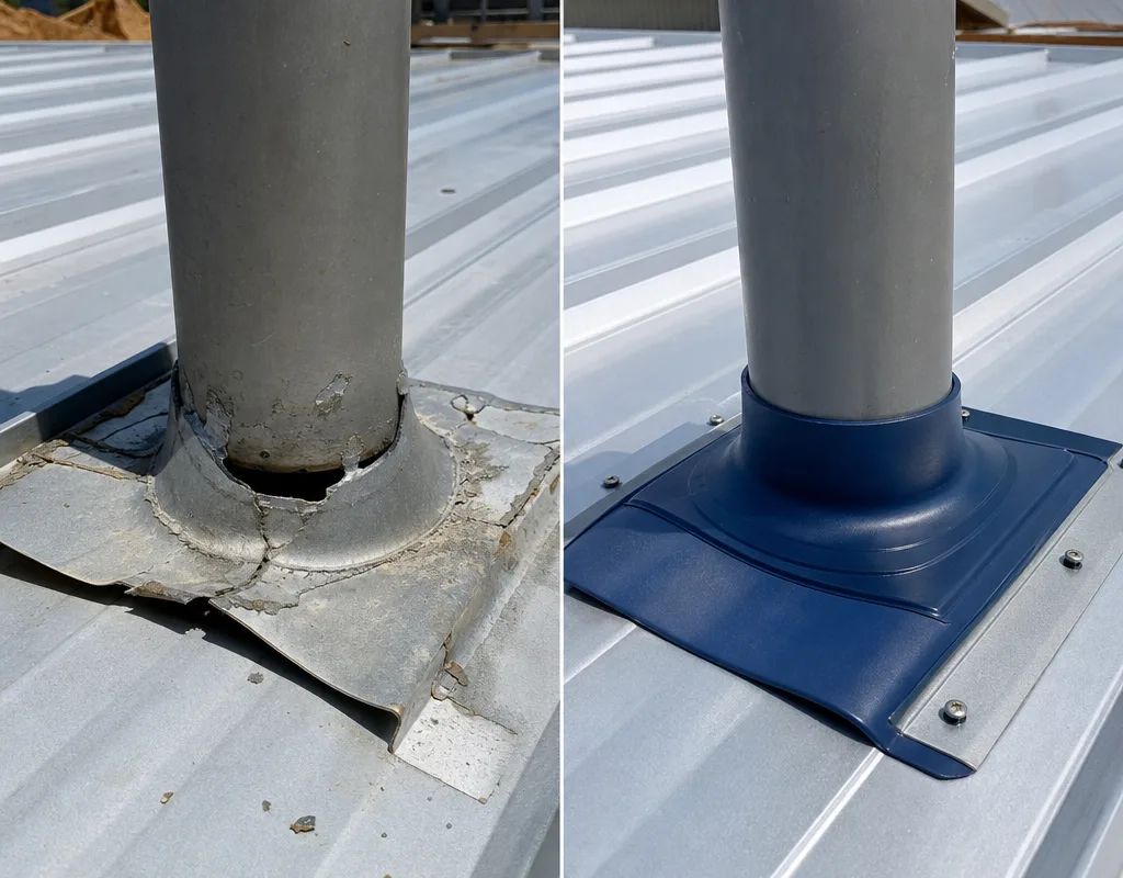 Before-and-after comparison of failed penetration sealant and a properly reinforced, sealed flashing repair