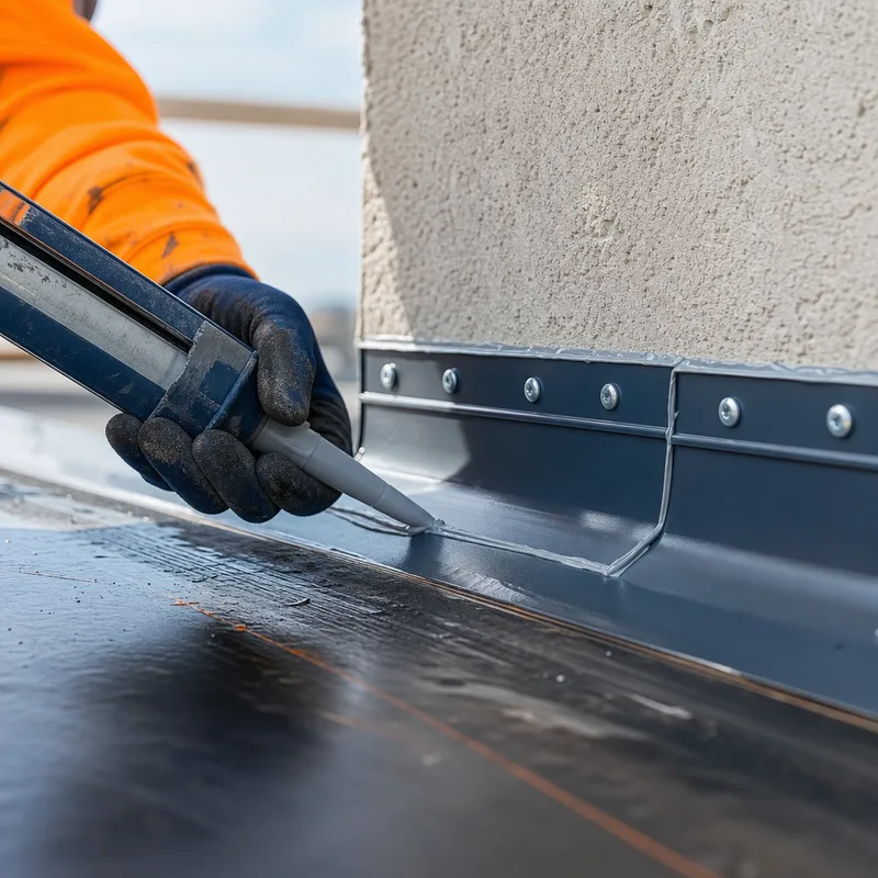 Commercial roof membrane termination bar and parapet flashing showing fasteners, sealant, and metal edge details