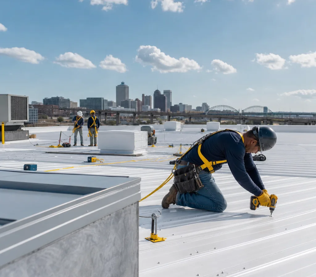 Commercial roofing crew working safely around HVAC curbs and roof penetrations on a low-slope Memphis property