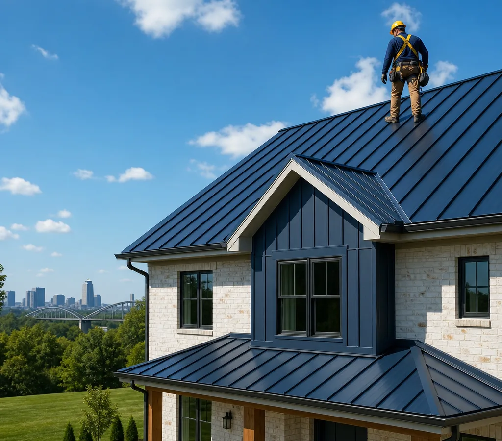 Residential Memphis home with a newly installed standing seam metal roof and an installer working safely along the roofline