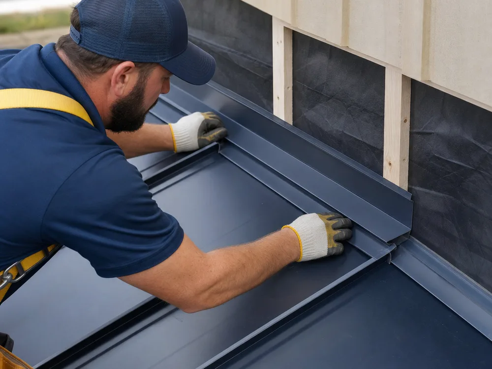 Standing seam panel and properly installed flashing at a roof-to-wall transition with underlayment edge detail