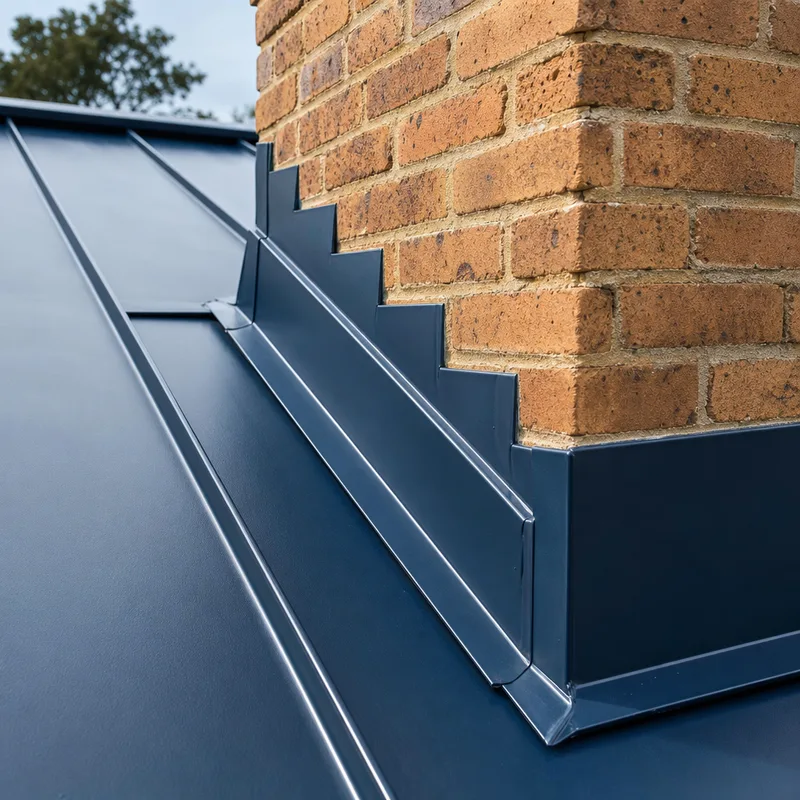 Finished chimney flashing detail on a metal roof showing properly integrated step flashing and counterflashing