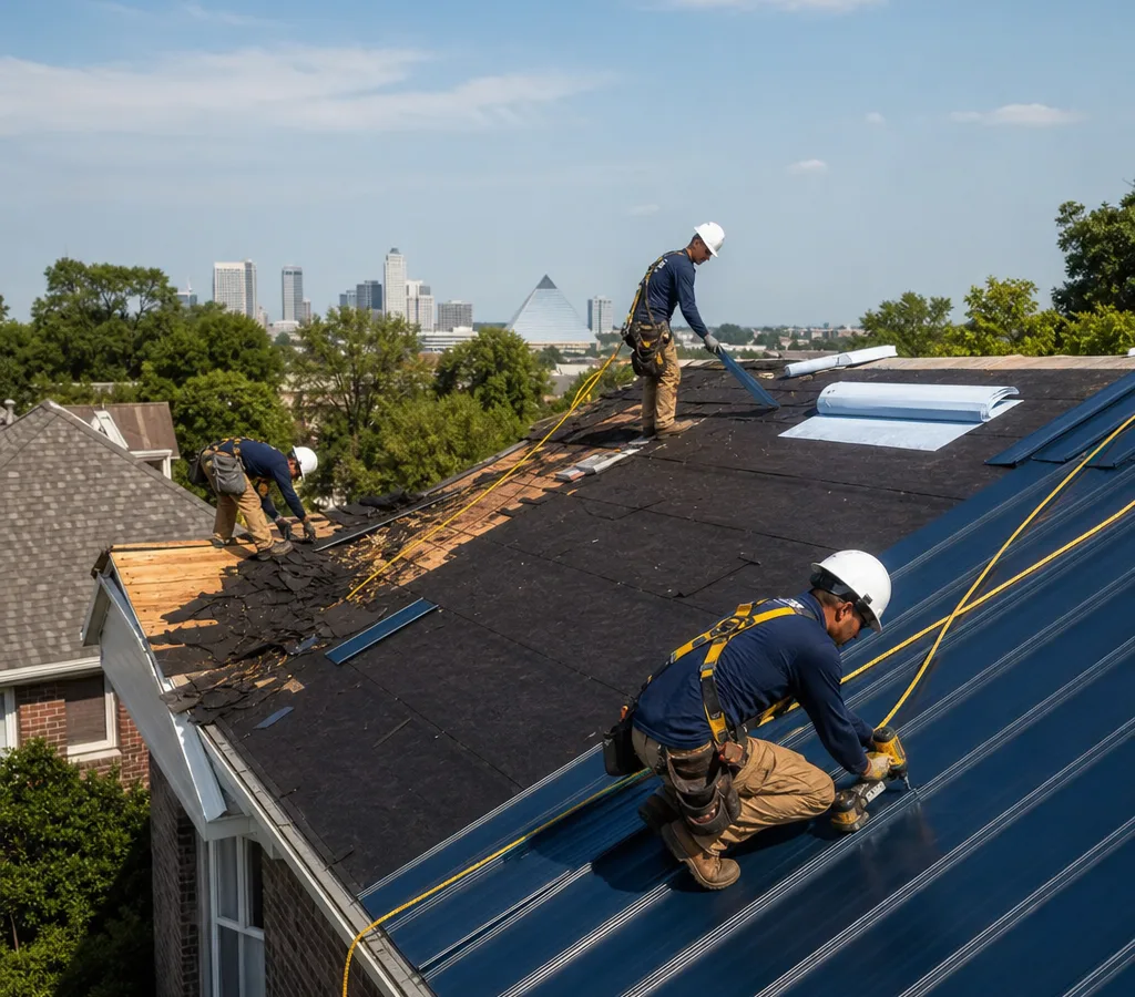 Residential roof replacement underway in Memphis with tear-off, staged underlayment, metal panel installation, fall protection, and an orderly jobsite