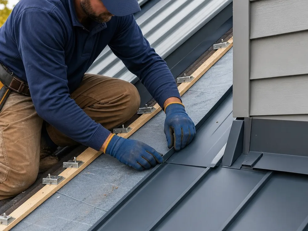 Standing seam metal roof installation showing underlayment, clips, seam formation, and integrated flashing at a sidewall and valley intersection
