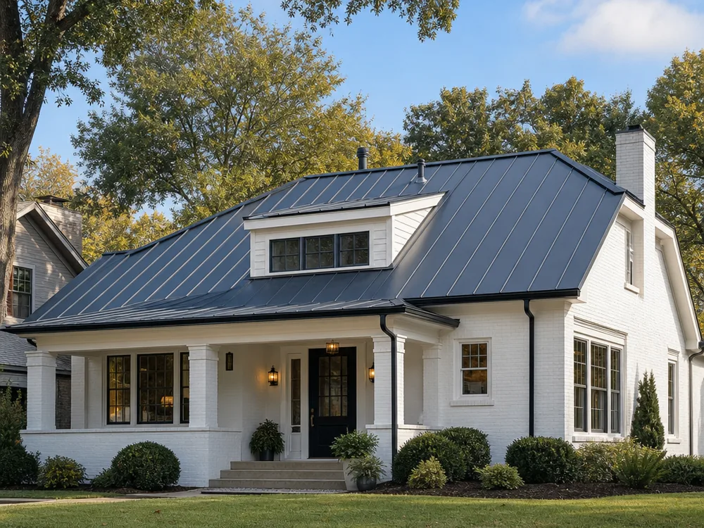 Completed standing seam metal roof on a traditional Memphis home with ridge cap, vents, and drip edge visible from street level