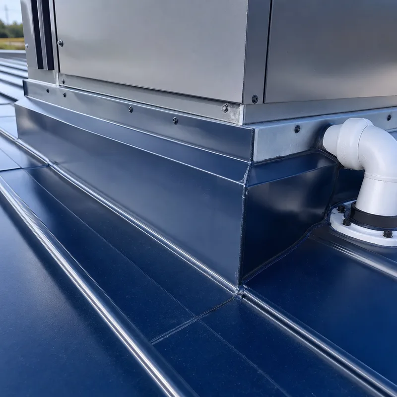 Properly flashed commercial roof penetration with a watertight boot, sealed fasteners, and clean curb workmanship