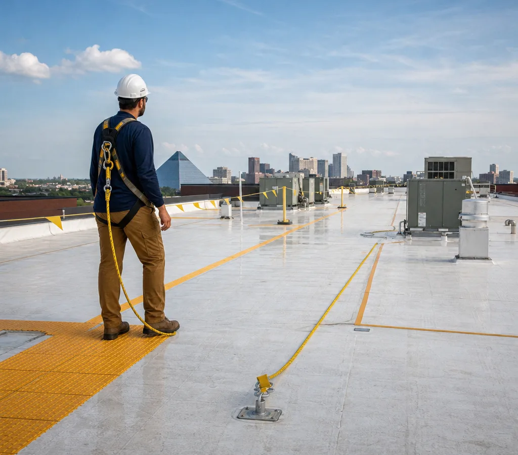 Commercial roofing crew inspecting a low-slope Memphis building with safety lines, marked walk paths, and rooftop units