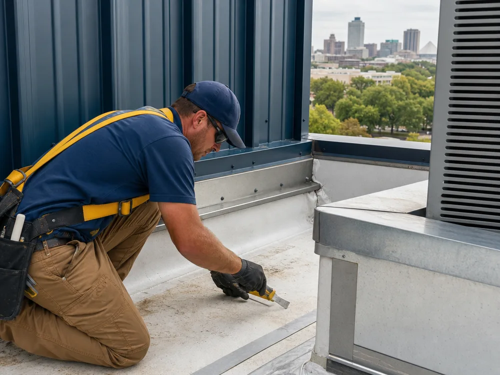 Commercial low-slope membrane termination, parapet counterflashing, and properly flashed HVAC curb