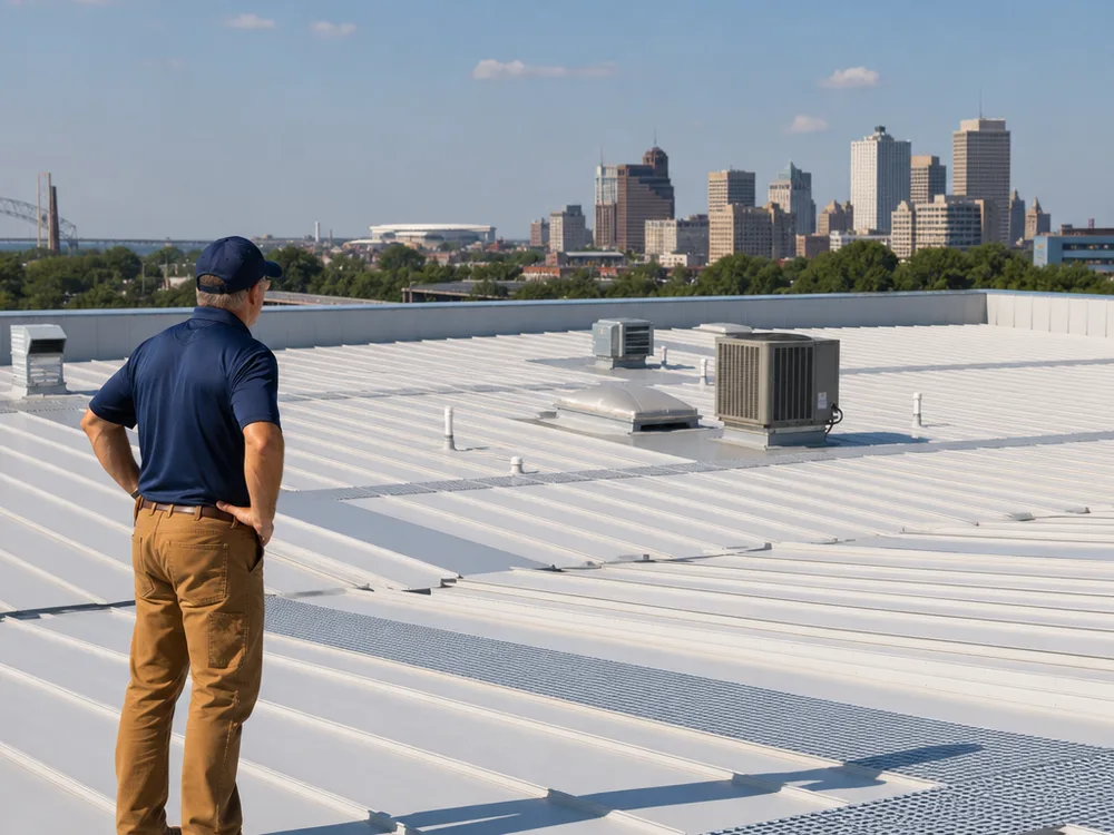 Completed commercial roof with consistent seams, clear equipment walk paths, and clean perimeter edges