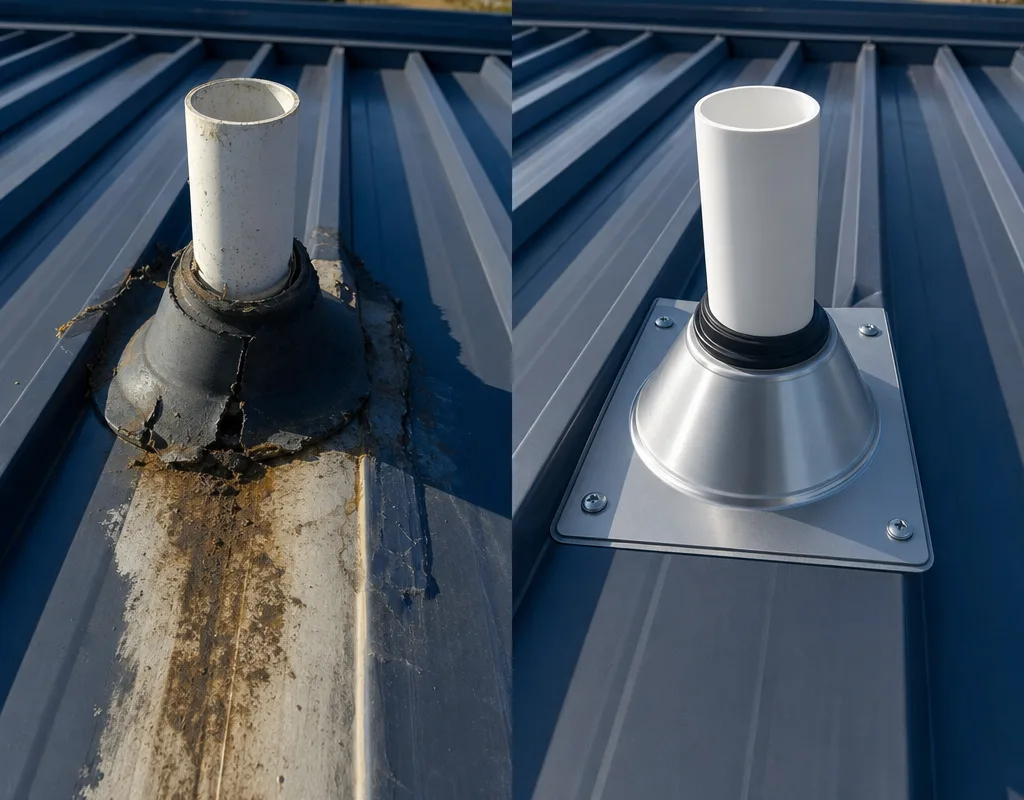 Before and after view of an old leaking penetration replaced with a properly sized metal roof pipe boot and sealed flashing