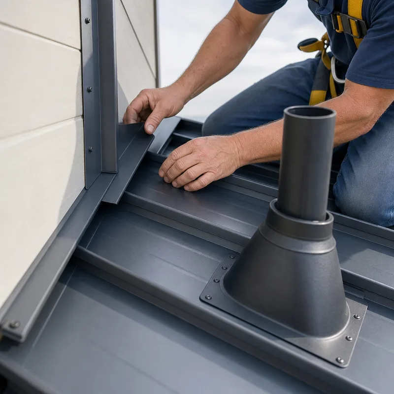 Standing seam roof pipe boot, sidewall counterflashing, and cleanly hemmed drip edge with tight fasteners