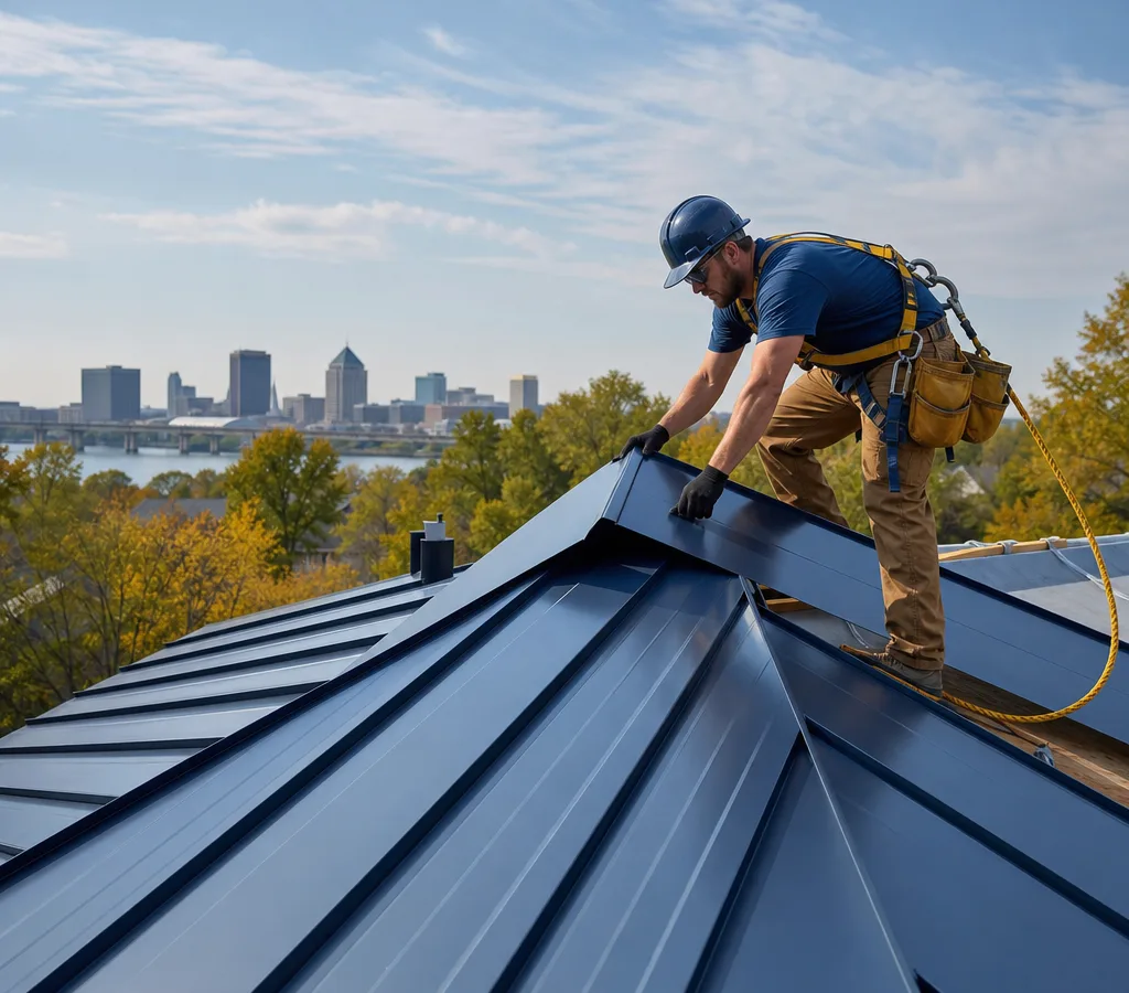 Installer placing standing seam metal roof panels on a Memphis-area home with ridge cap and safety equipment staged nearby
