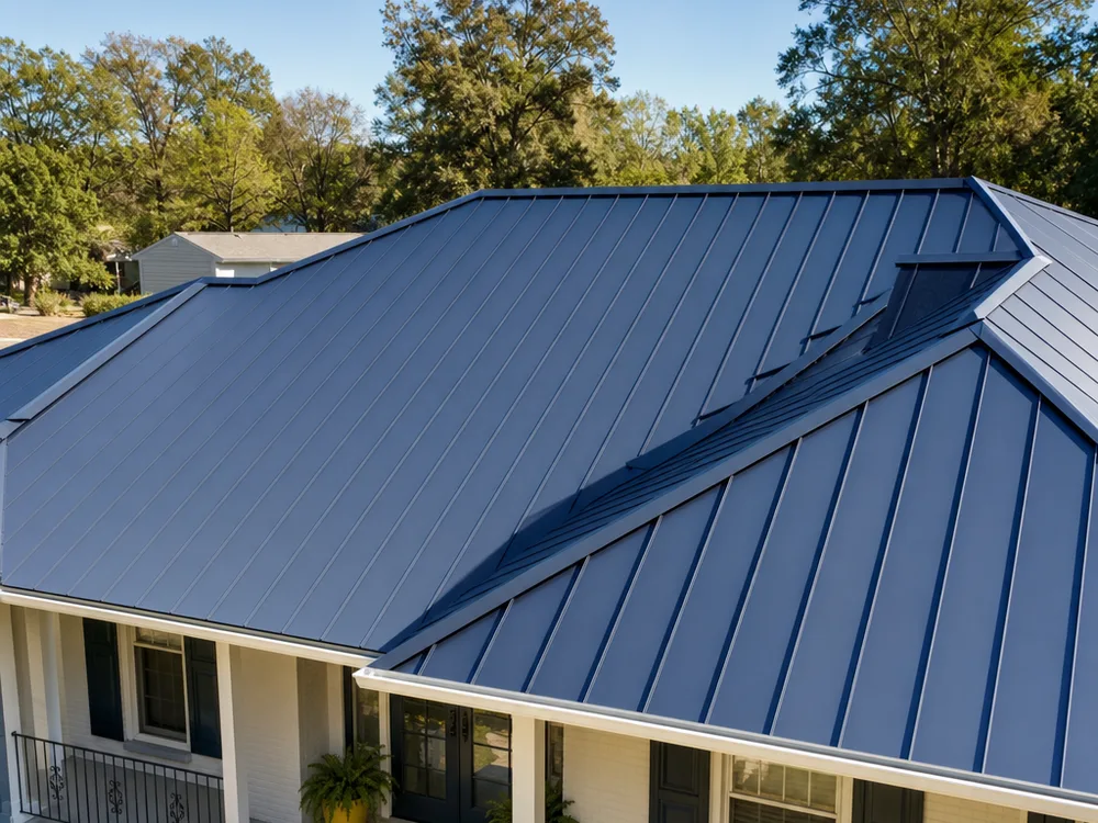 Finished standing seam metal roof on a Memphis home with straight panel lines, ridge cap, and clean hip transitions