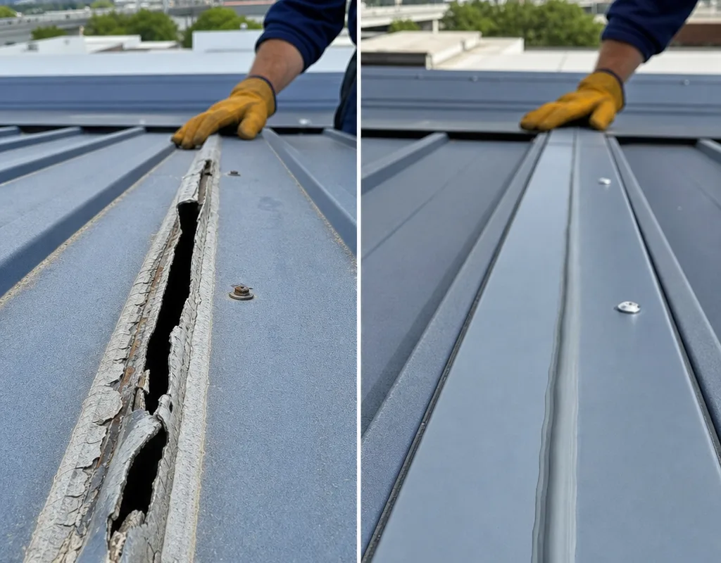 Before and after comparison of an open commercial metal roof seam repaired with compatible sealant and corrected fasteners