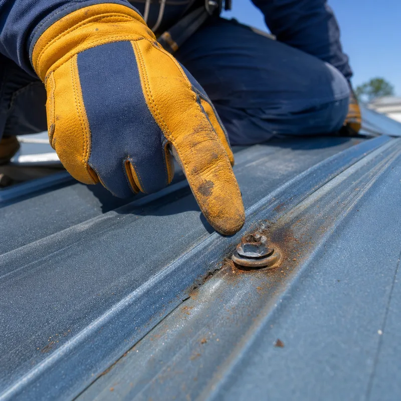 Failed fastener washer and early corrosion on a commercial metal roof seam identified by a technician