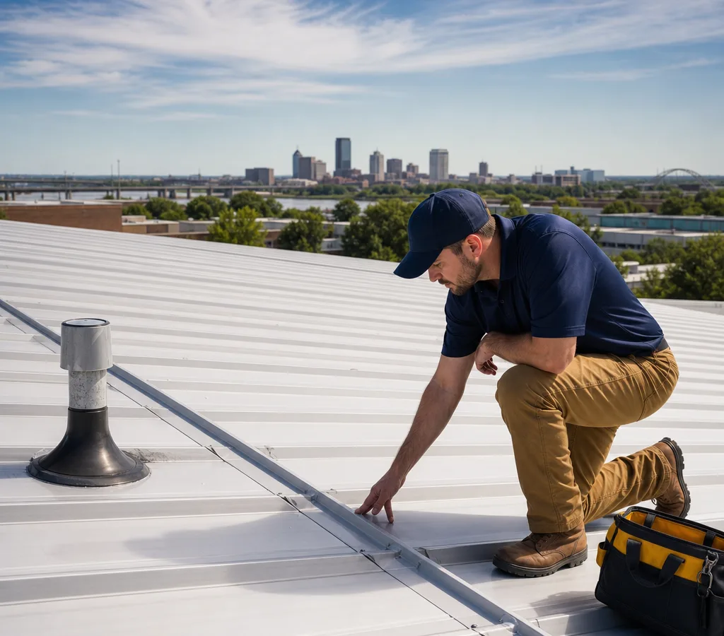 Technician inspecting a penetration and seam on a low-slope commercial metal roof in Memphis