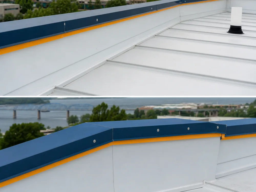 Finished commercial metal roof edge and coping repair with clean lines and consistent attachment