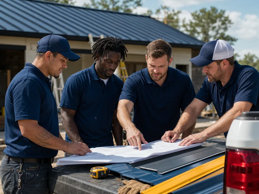 Metal Roofing Memphis crew reviewing roof plans and materials near a work truck with a metal roof in the background